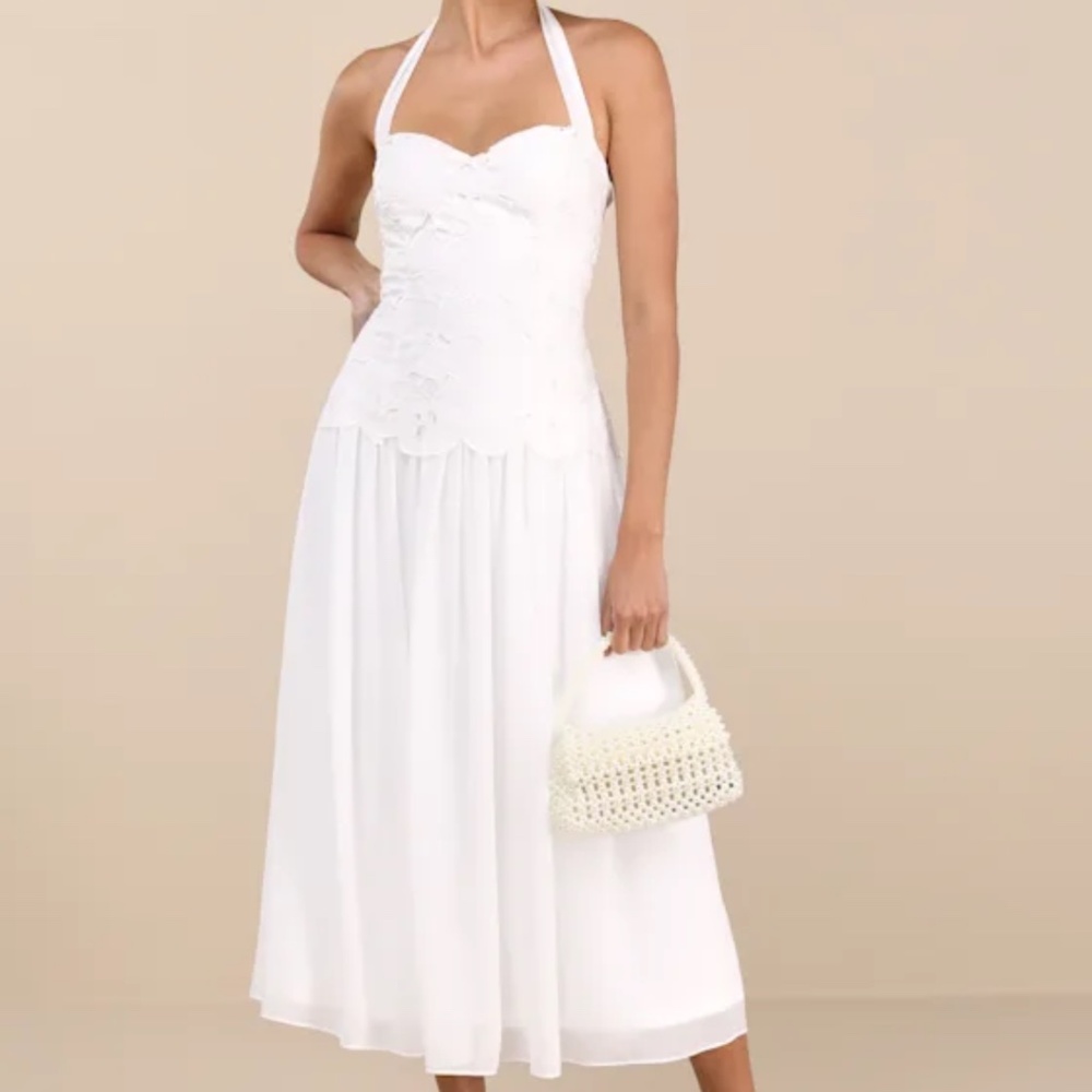 Lulu's Alysanne White Embroidered Drop Waist Halter Midi Dress